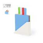 Set of colored cutting boards in a holder, labeled as food grade.