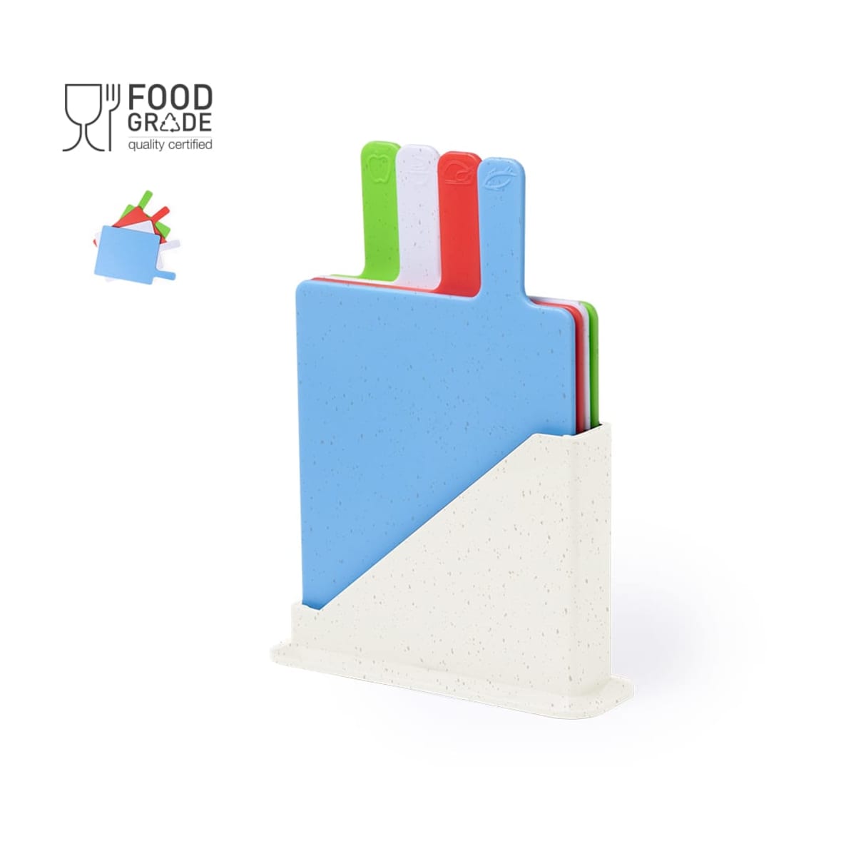 Set of colored cutting boards in a holder, labeled as food grade.