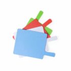 Stack of colorful chopping boards with handles on a white background.
