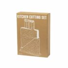 Brown box labeled Kitchen Cutting Set with a white illustration of cutting boards.