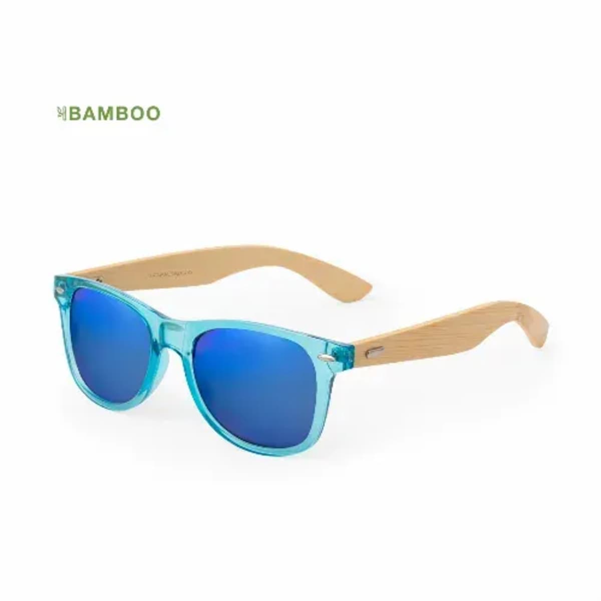 Blue-lensed sunglasses with bamboo arms on a white background.