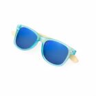 Blue sunglasses with wooden arms against a white background.