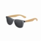 Transparent gray sunglasses with wooden arms on a white background.