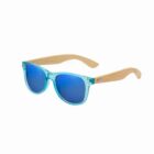 Blue sunglasses with wooden arms on a white background.
