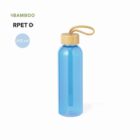 Blue water bottle with bamboo lid and rope handle, labeled 650 ml, eco-friendly symbols.