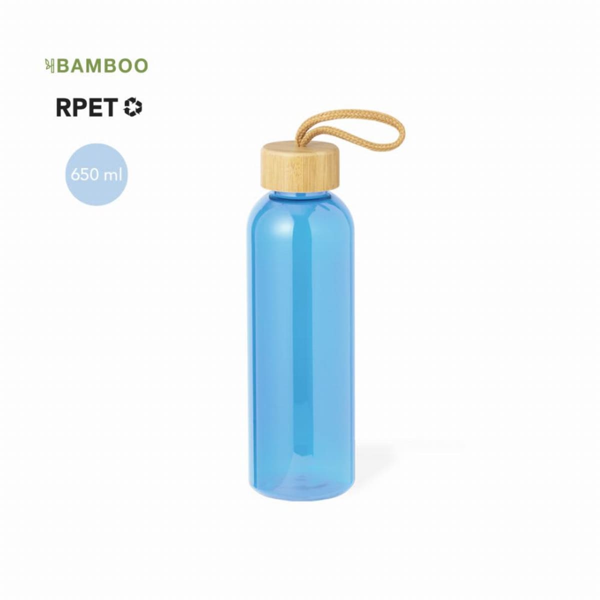 Blue water bottle with bamboo lid and rope handle, labeled 650 ml, eco-friendly symbols.