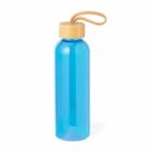 Blue water bottle with a bamboo lid and a rope handle against a white background.