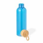 Blue water bottle with a beige wooden lid and loop, displayed on a plain white background.