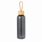 Gray water bottle with a wooden lid and a loop handle.