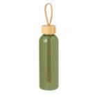 Green water bottle with a wooden cap and a brown carrying loop.