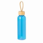 Blue water bottle with wooden cap and a rope handle.