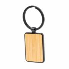 Wooden rectangular keychain with a black ring attachment.
