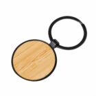 Round wooden keychain with a metal ring attached.