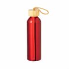 Red metal water bottle with a wooden cap and a brown carrying loop.