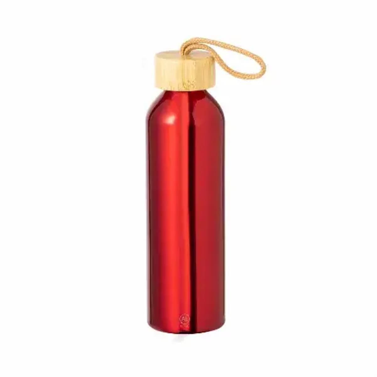 Red metal water bottle with a wooden cap and a brown carrying loop.