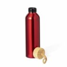 Red stainless steel water bottle with wooden cap and rope loop.