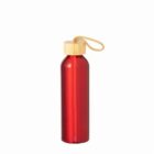 Red metal water bottle with a wooden cap and a beige carrying loop.