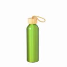 Green metal water bottle with a bamboo lid and a yellow strap on a white background.