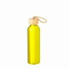 Bright yellow water bottle with a wooden cap and loop handle on a white background.