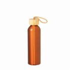 Orange metal water bottle with a wooden cap and a loop handle on a plain white background.