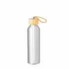 Silver bottle with a wooden cap and a yellow loop handle on a white background.