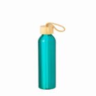 Teal metal water bottle with a bamboo cap and rope loop on a white background.