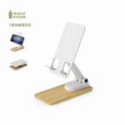 Adjustable phone stand with bamboo base and white holder.