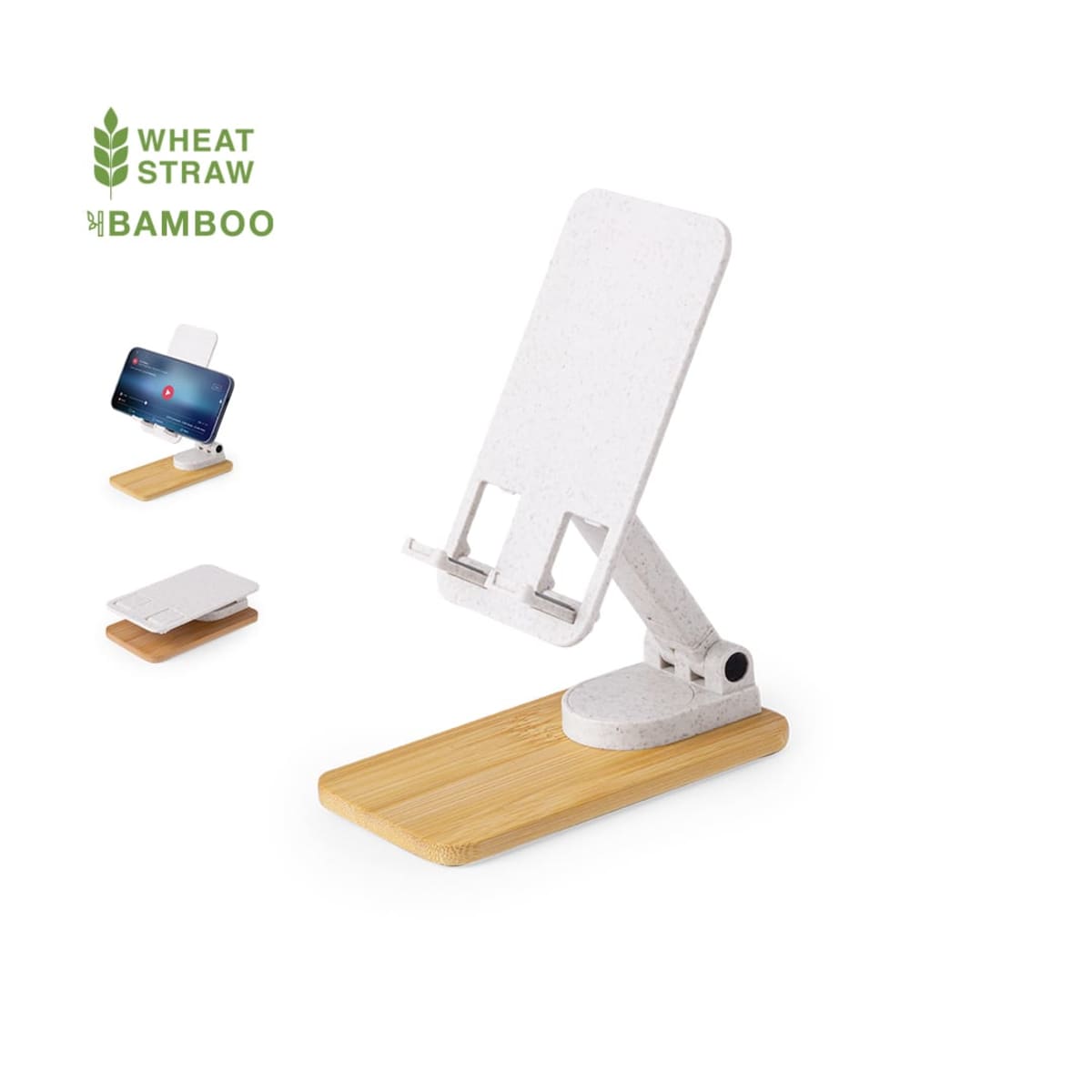 Adjustable phone stand made of wheat straw and bamboo, shown in various positions.