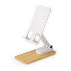 White adjustable phone stand on a wooden base.