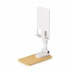 White adjustable phone stand with a wooden base.