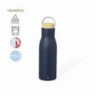 Blue reusable water bottle with bamboo cap, 500 ml, stainless steel, insulated, eco-friendly icons.