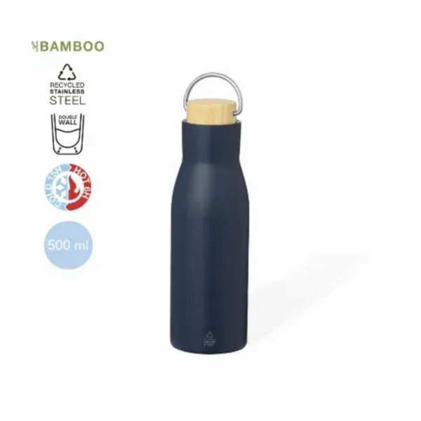 Blue stainless steel water bottle with bamboo lid, 500 ml capacity, showing cold/hot retention icons.