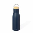 A navy blue stainless steel water bottle with a wooden cap and metal handle.