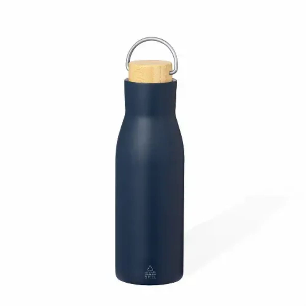 A navy blue stainless steel water bottle with a wooden cap and metal handle.
