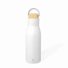 White insulated water bottle with a bamboo lid and metal handle.