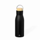 Black insulated water bottle with a wooden cap and metal loop.