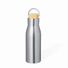 Silver stainless steel water bottle with a wooden top and metal handle.