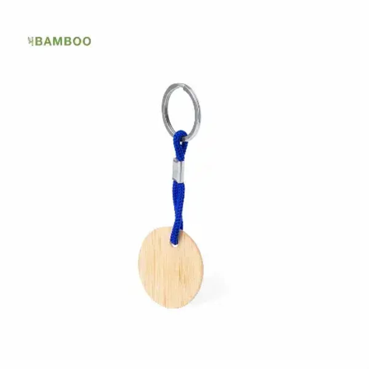 Bamboo keyring with blue cord and circular wooden pendant on white background.