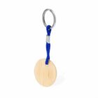 Keychain with a circular wooden tag and a blue cord.