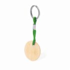 A wooden keychain with a green rope and metal ring.