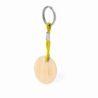 Round wooden keychain with yellow cord and silver metal ring.