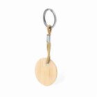 Round wooden keychain with a metal ring and rope attachment.