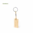 Bamboo keychain with rectangular tag and rope attachment.