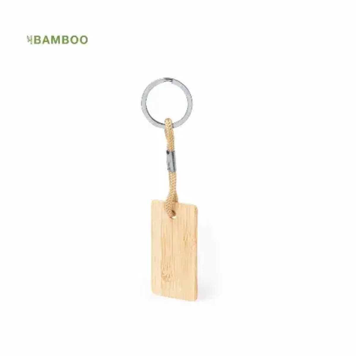Bamboo keychain with rectangular tag and rope attachment.