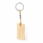 Wooden keychain with a rectangular tag and a metal ring.