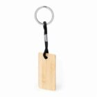 Wooden keychain with a metal ring and black cord.