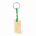 Rectangular wooden keychain with a green cord and silver ring.