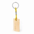 Wooden keychain with a yellow cord and metal ring against a white background.