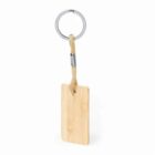 Wooden rectangular keychain with a rope loop and metal ring.
