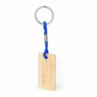 Keychain with a rectangular wooden tag and a blue cord.
